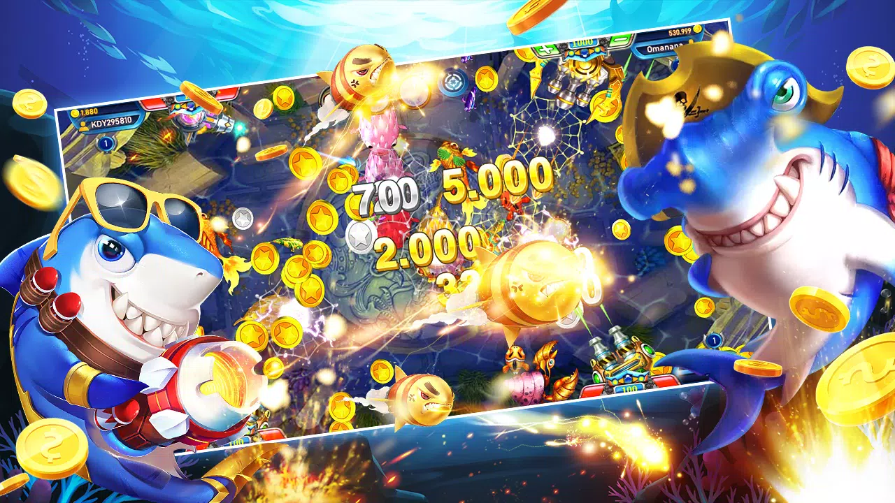 ฉากเกมยิงปลาที่มีปืนใหญ่ เป้าหมายปลา และเอฟเฟกต์ใต้น้ำ
